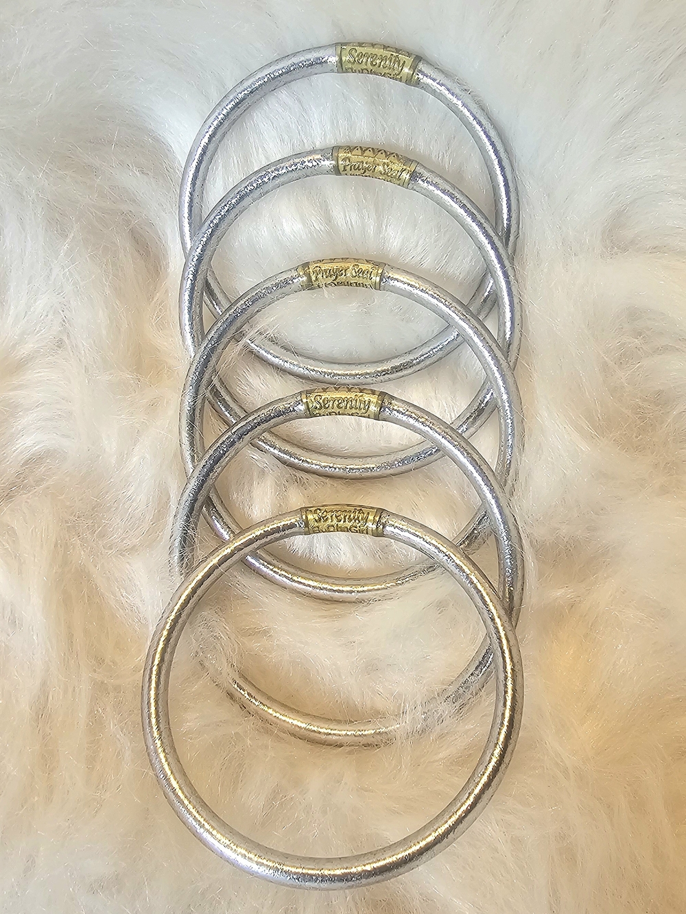 Set of 5 BuDha Girl Silver Serenity Prayer Bangles Women's Sz Large